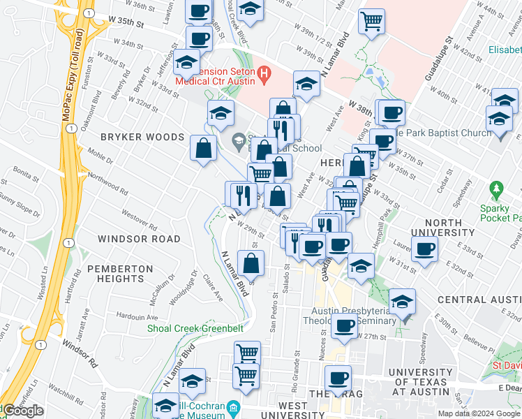map of restaurants, bars, coffee shops, grocery stores, and more near in Austin