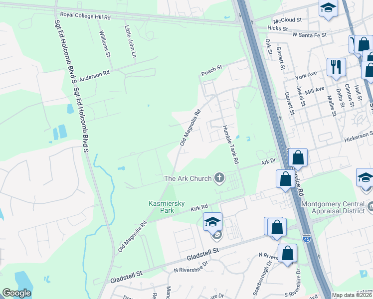 map of restaurants, bars, coffee shops, grocery stores, and more near 709 Old Magnolia Road in Conroe
