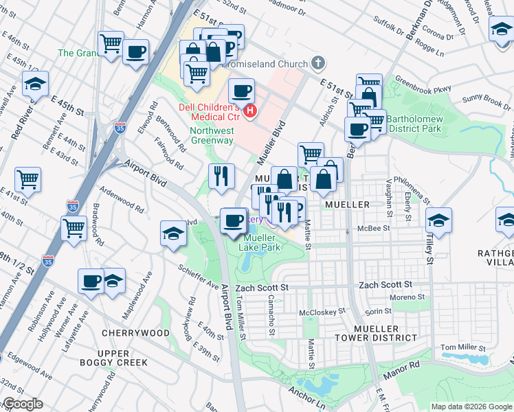 map of restaurants, bars, coffee shops, grocery stores, and more near in Austin