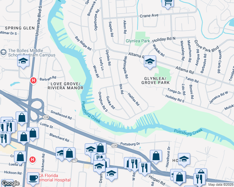 map of restaurants, bars, coffee shops, grocery stores, and more near 1039 Glynlea Road in Jacksonville