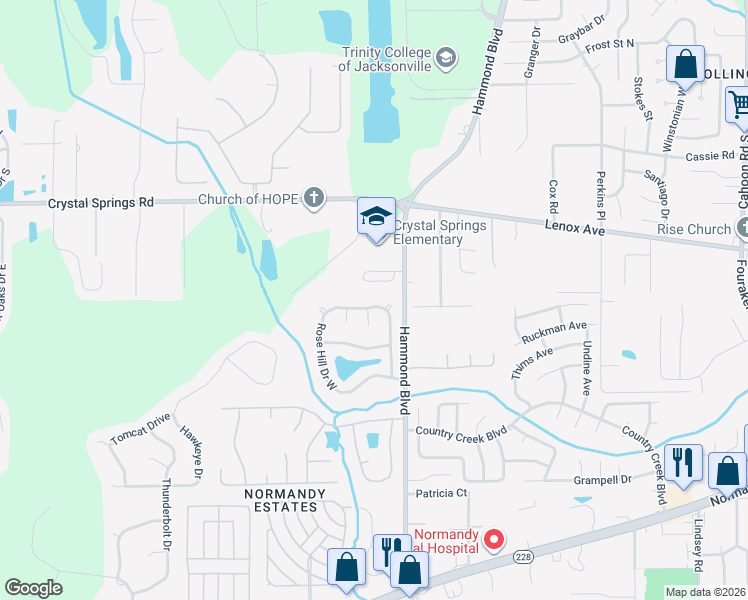 map of restaurants, bars, coffee shops, grocery stores, and more near 8863 Rose Hill Drive North in Jacksonville
