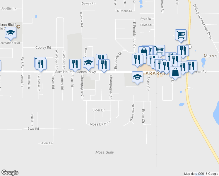 map of restaurants, bars, coffee shops, grocery stores, and more near 217 Champagne Circle in Lake Charles