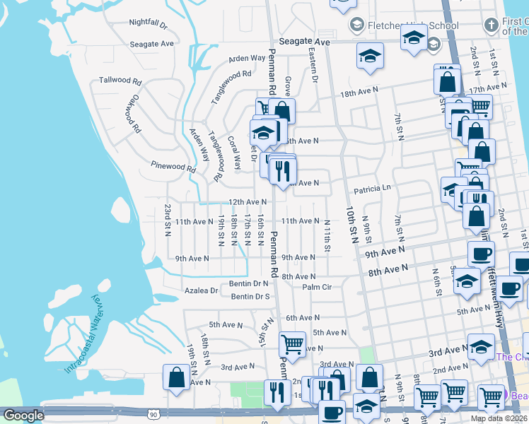 map of restaurants, bars, coffee shops, grocery stores, and more near 1150 Penman Road in Jacksonville Beach