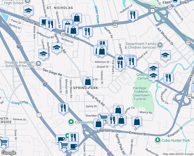 map of restaurants, bars, coffee shops, grocery stores, and more near 3533 Stillman Street in Jacksonville