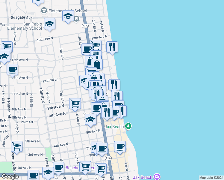 map of restaurants, bars, coffee shops, grocery stores, and more near 102 10th Avenue North in Jacksonville Beach
