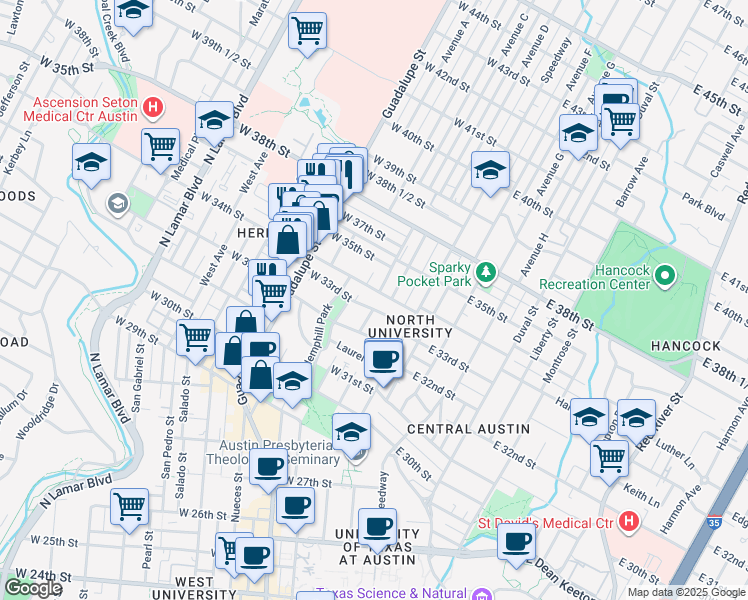 map of restaurants, bars, coffee shops, grocery stores, and more near 202 West 33rd Street in Austin