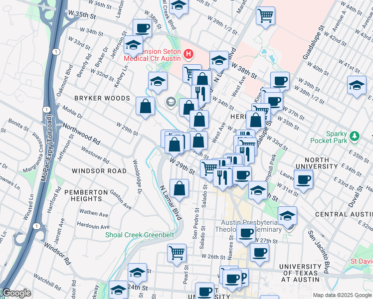 map of restaurants, bars, coffee shops, grocery stores, and more near 909 West 30th Street in Austin