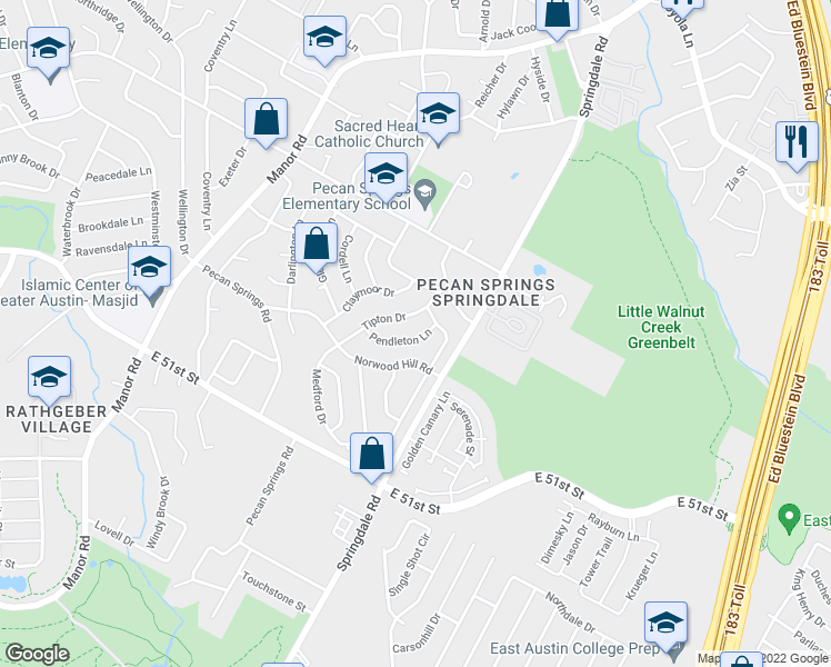 map of restaurants, bars, coffee shops, grocery stores, and more near 5500 Pendleton Lane in Austin