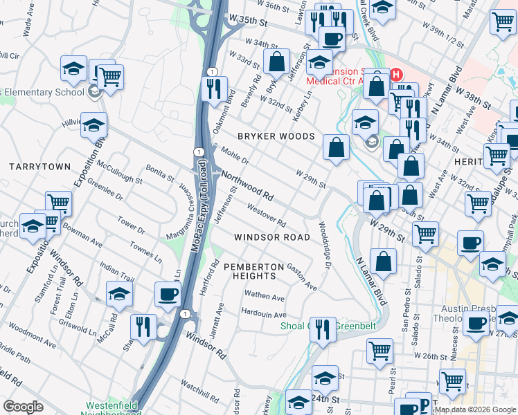 map of restaurants, bars, coffee shops, grocery stores, and more near 1516 Westover Road in Austin