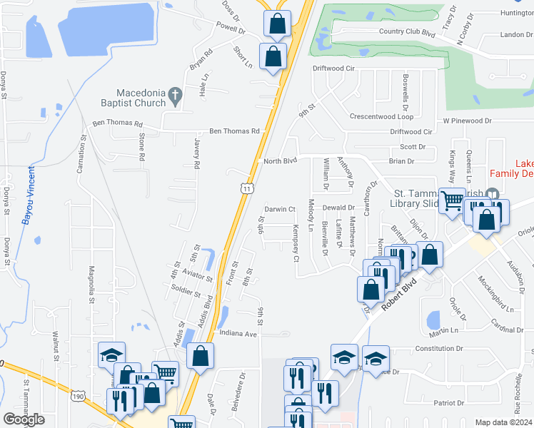 map of restaurants, bars, coffee shops, grocery stores, and more near 221 Darwin Drive in Slidell