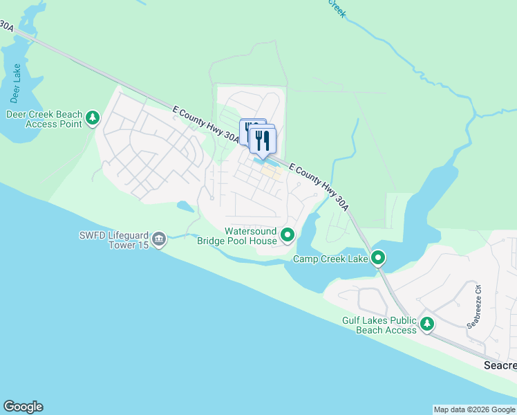 map of restaurants, bars, coffee shops, grocery stores, and more near 59 West Crabbing Hole Lane in Rosemary Beach