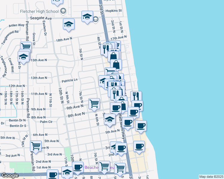map of restaurants, bars, coffee shops, grocery stores, and more near 317 10th Avenue North in Jacksonville Beach