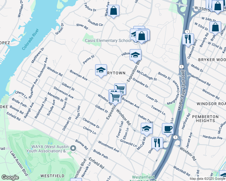 map of restaurants, bars, coffee shops, grocery stores, and more near 2710 Bowman Avenue in Austin
