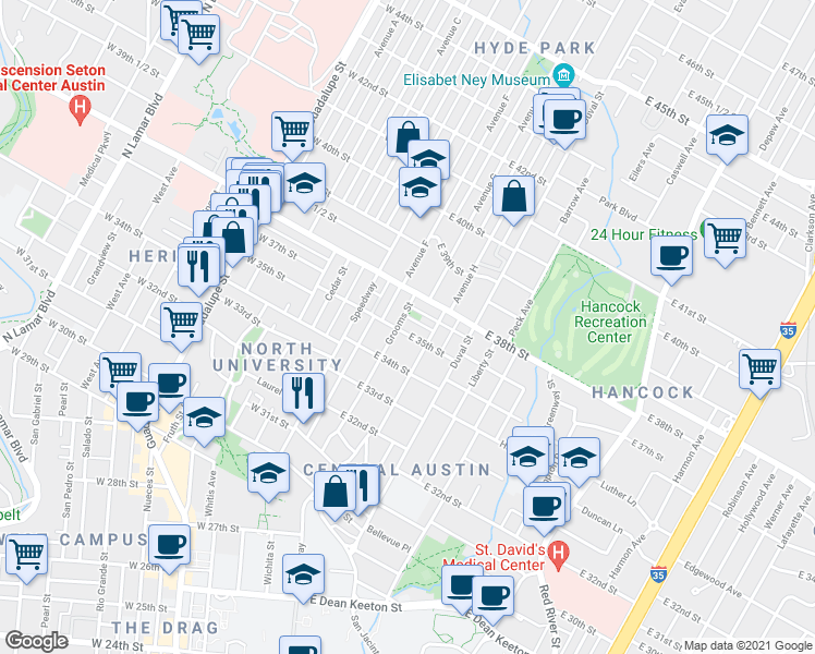 map of restaurants, bars, coffee shops, grocery stores, and more near 302 East 35th Street in Austin