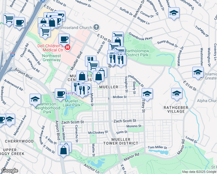 map of restaurants, bars, coffee shops, grocery stores, and more near  in Austin
