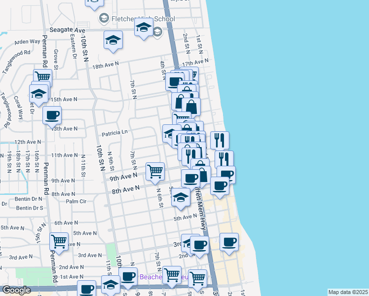 map of restaurants, bars, coffee shops, grocery stores, and more near 317 10th Avenue North in Jacksonville Beach