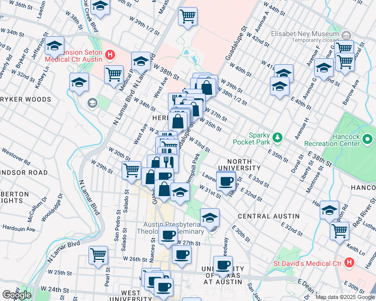 map of restaurants, bars, coffee shops, grocery stores, and more near 408 West 32nd Street in Austin