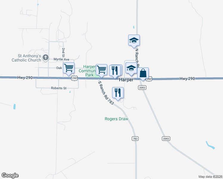 map of restaurants, bars, coffee shops, grocery stores, and more near 115 South Ranch Road 783 in Harper