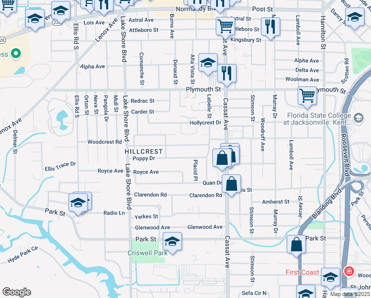map of restaurants, bars, coffee shops, grocery stores, and more near 5205 Poppy Drive in Jacksonville