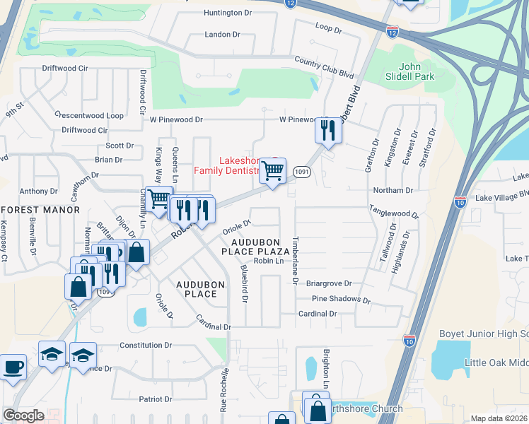 map of restaurants, bars, coffee shops, grocery stores, and more near 351 Oriole Drive in Slidell