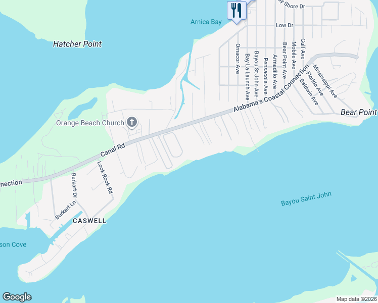 map of restaurants, bars, coffee shops, grocery stores, and more near 29046 Canal Rd in Orange Beach