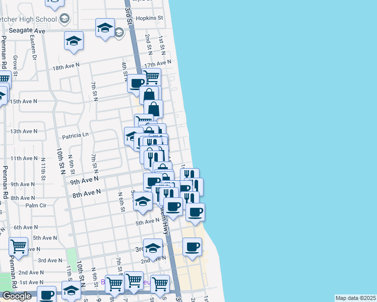 map of restaurants, bars, coffee shops, grocery stores, and more near 1003 1st Street North in Jacksonville Beach