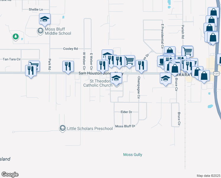 map of restaurants, bars, coffee shops, grocery stores, and more near 785 Sam Houston Jones Parkway in Lake Charles