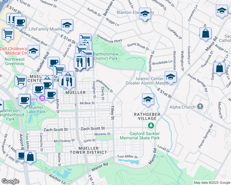 map of restaurants, bars, coffee shops, grocery stores, and more near 2724 Philomena Street in Austin