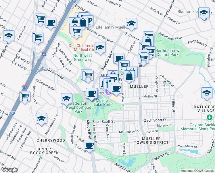 map of restaurants, bars, coffee shops, grocery stores, and more near in Austin