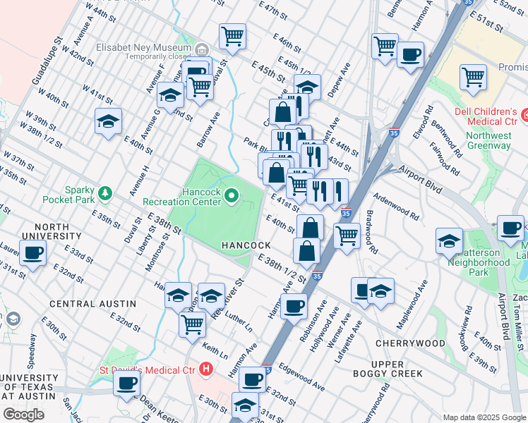 map of restaurants, bars, coffee shops, grocery stores, and more near 915 East 41st Street in Austin