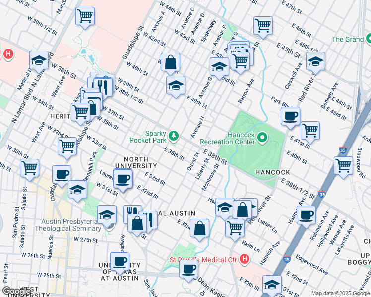 map of restaurants, bars, coffee shops, grocery stores, and more near 3707 Tom Green Street in Austin