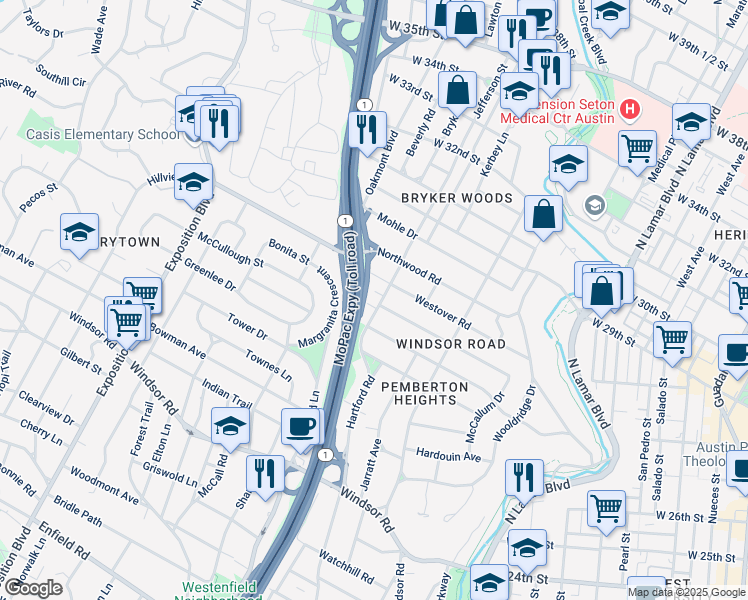 map of restaurants, bars, coffee shops, grocery stores, and more near 2612 Jefferson Street in Austin