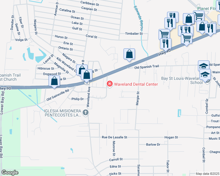 map of restaurants, bars, coffee shops, grocery stores, and more near 110 Auderer Boulevard in Waveland