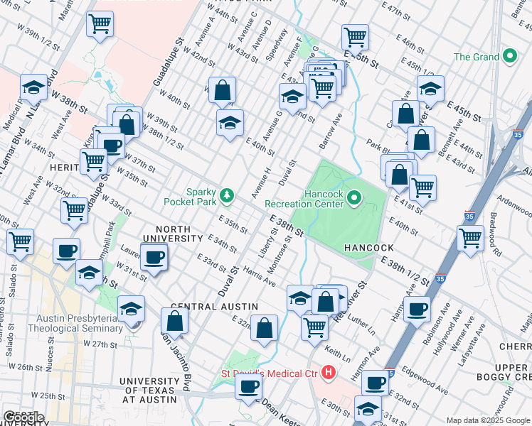map of restaurants, bars, coffee shops, grocery stores, and more near E 38th St & Duval St in Austin