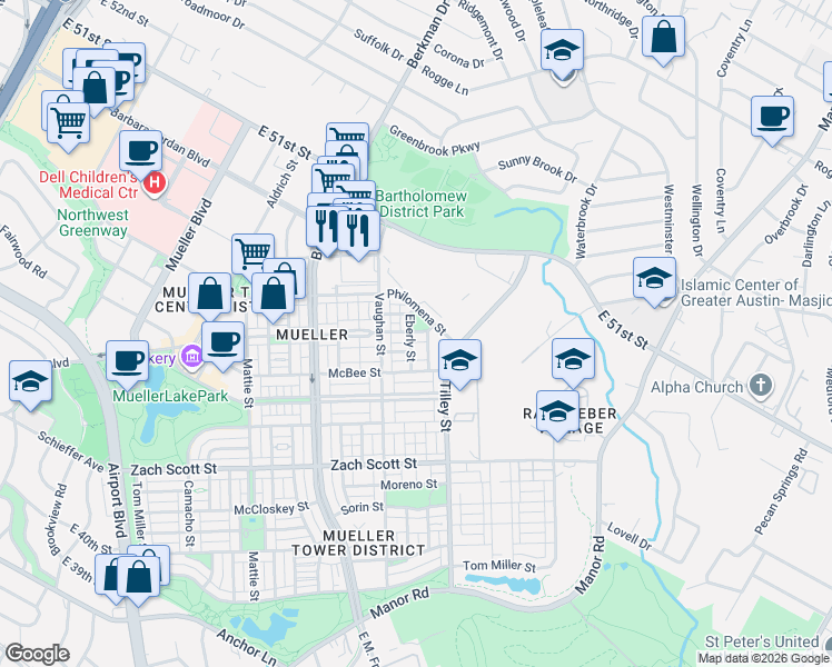 map of restaurants, bars, coffee shops, grocery stores, and more near 2603 Robert Browning Street in Austin