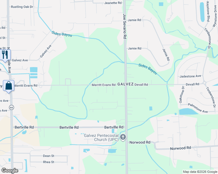 map of restaurants, bars, coffee shops, grocery stores, and more near 41459 Merritt Evans Road in Prairieville
