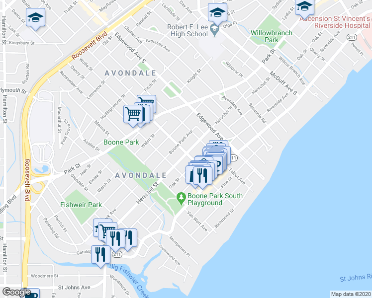 map of restaurants, bars, coffee shops, grocery stores, and more near 3583 Herschel Street in Jacksonville