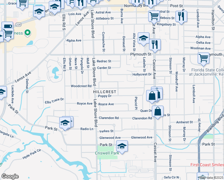 map of restaurants, bars, coffee shops, grocery stores, and more near 5324 Woodcrest Road in Jacksonville