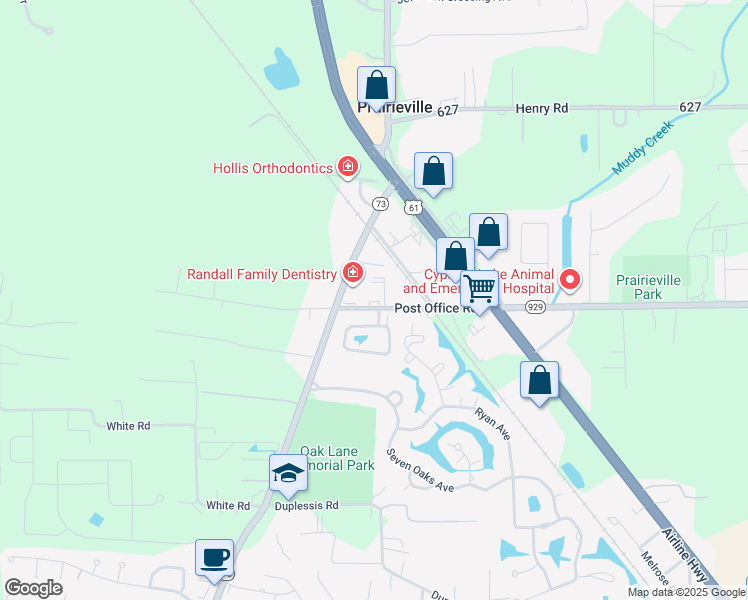 map of restaurants, bars, coffee shops, grocery stores, and more near 38050 Post Office Road in Prairieville