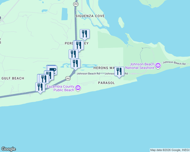 map of restaurants, bars, coffee shops, grocery stores, and more near 13351 Johnson Beach Road in Pensacola
