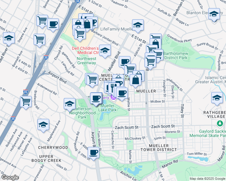map of restaurants, bars, coffee shops, grocery stores, and more near 1900 Aldrich Street in Austin