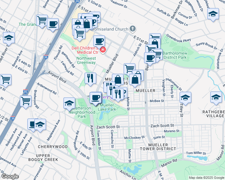 map of restaurants, bars, coffee shops, grocery stores, and more near 1900 Aldrich Street in Austin