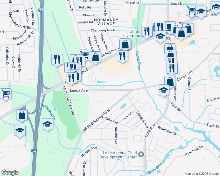 map of restaurants, bars, coffee shops, grocery stores, and more near 6901 Lenox Avenue in Jacksonville