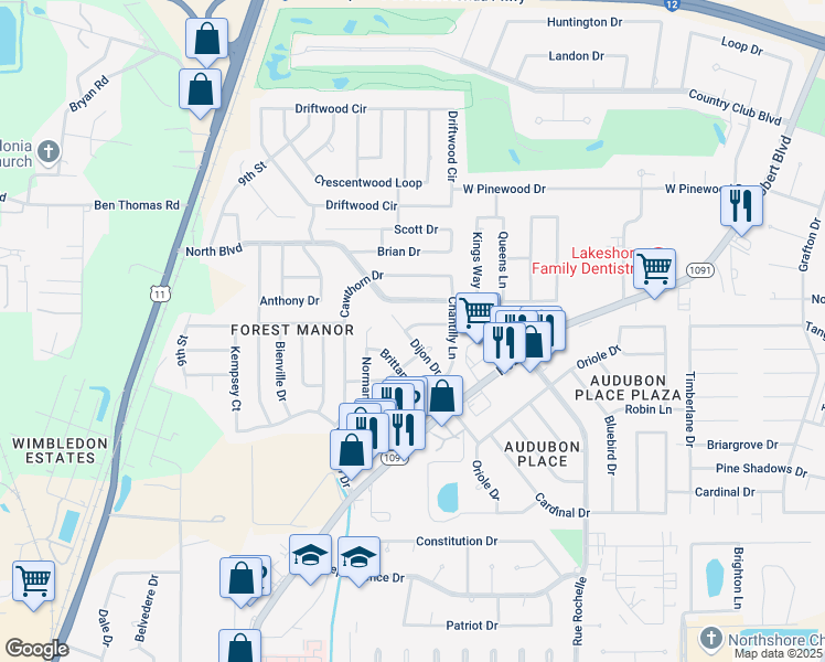 map of restaurants, bars, coffee shops, grocery stores, and more near 126 Dijon Drive in Slidell