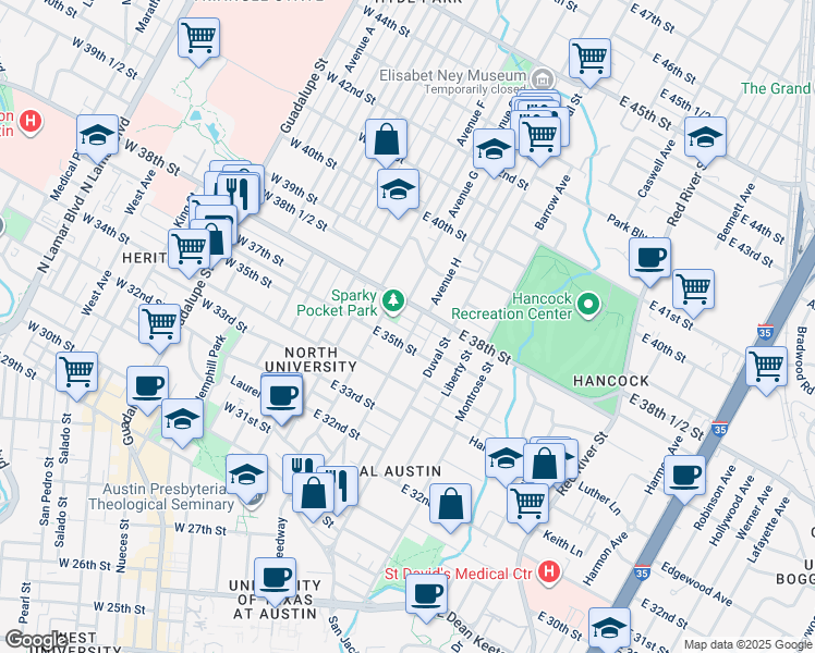 map of restaurants, bars, coffee shops, grocery stores, and more near 3707 Tom Green Street in Austin