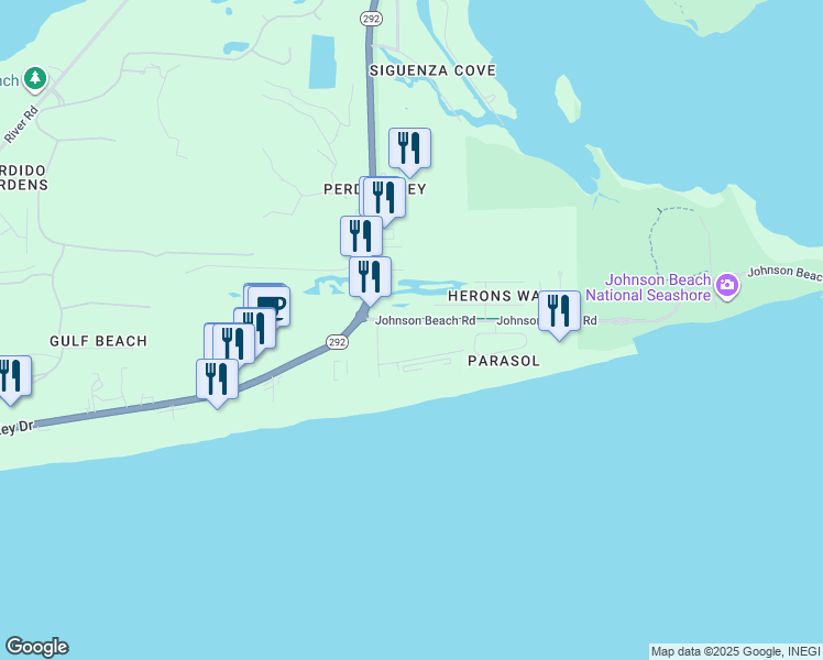 map of restaurants, bars, coffee shops, grocery stores, and more near 13500 Sandy Key Drive in Pensacola
