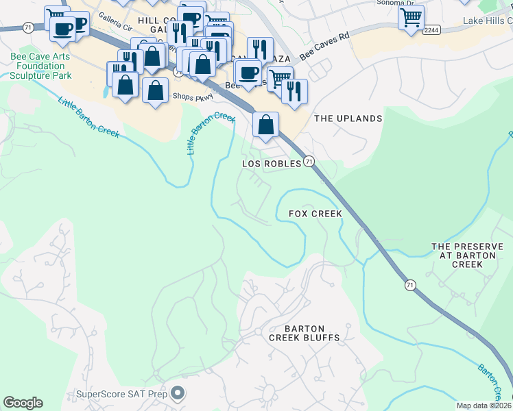 map of restaurants, bars, coffee shops, grocery stores, and more near 12101 Beautybrush Drive in Bee Cave