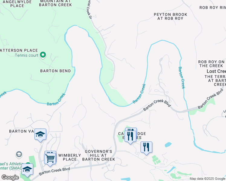 map of restaurants, bars, coffee shops, grocery stores, and more near 8703 Crystal Creek Circle in Austin