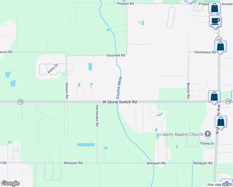 map of restaurants, bars, coffee shops, grocery stores, and more near 1400-1498 Gloria Switch Road in Carencro