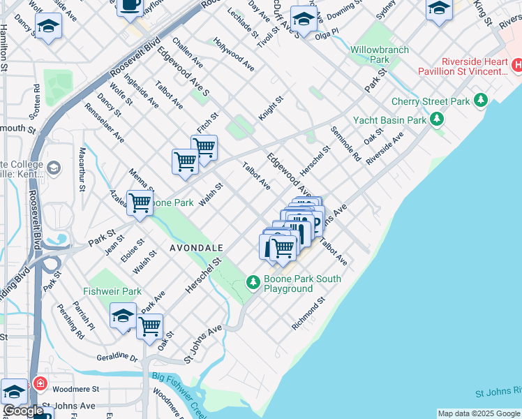 map of restaurants, bars, coffee shops, grocery stores, and more near 3583 Herschel Street in Jacksonville